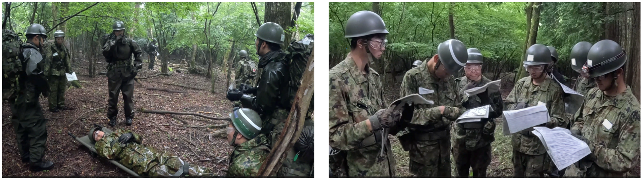 Left: Training for carrying a wounded person in wilderness (Ms. Yoneda)
Right: Reading maps in wilderness (Mr. Suwa)(©JAXA/Space BD)
