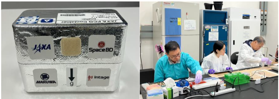 Left: Container loaded with samples for this launch.
Right: Scene of sample filling operation at NASA Kennedy Space Center (Center: Space BD employee)