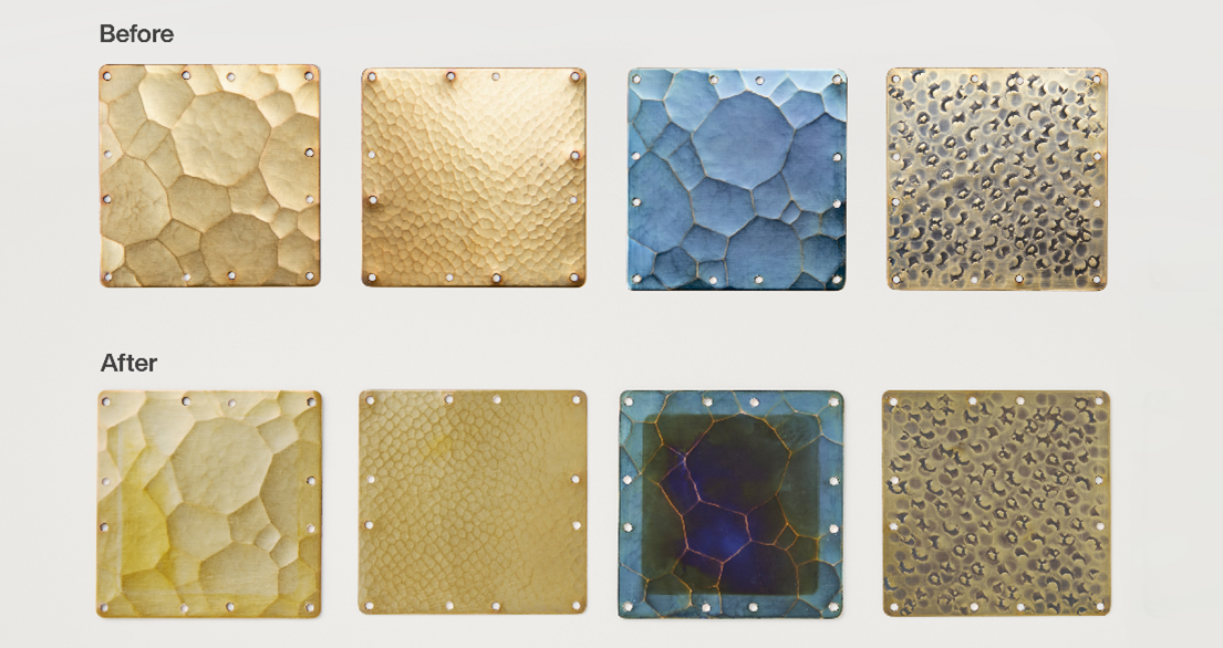 Gyokusendo’s copper plates (Above: before travelling to space. Below: after returning from space.)