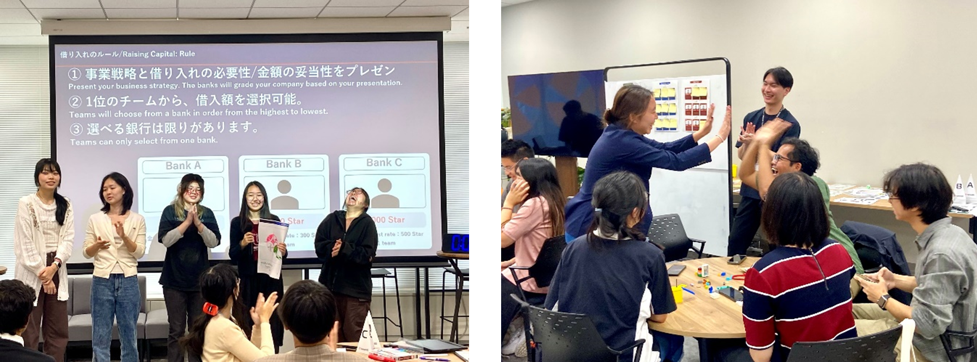左：銀行向けプレゼンテーションをする学生たち　右：チームのプレゼンテーションの成功に喜ぶ学生