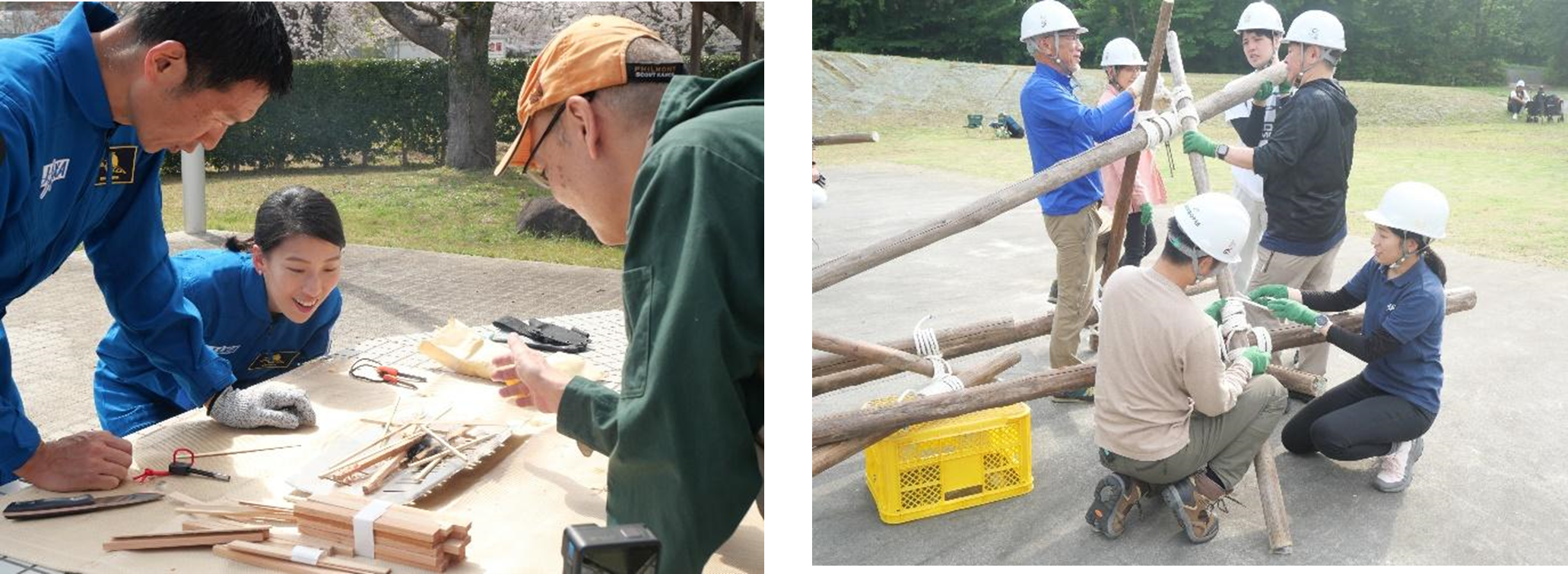 左：基礎研修（火起こしの実演）、右：信号塔作成の様子（提供＝JAXA）