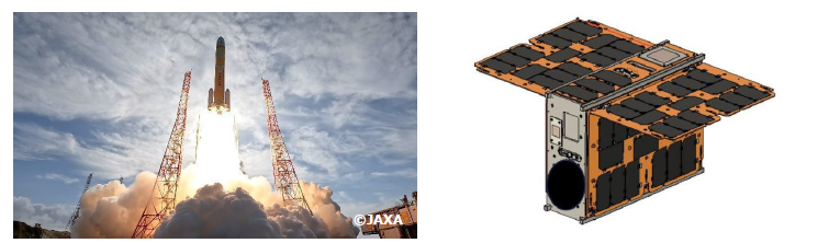 左：2024年2月に打上げられたH3ロケット試験機2号機でも、Space BDは超小型衛星2機の搭載を支援いたしました。（提供=JAXA）
右：開発中のVERTECSイメージ図（提供=九州工業大学）